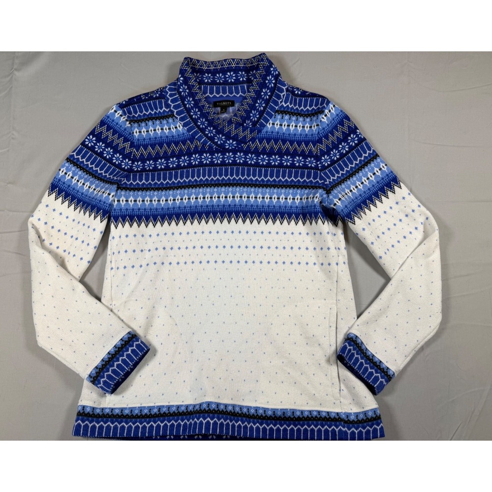 Talbots Womens Blue White Fair Isle Cowl Neck Snowflake Sweater Size S Pullover